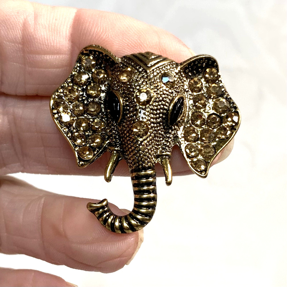 Elephant Brooch Trunk Up for Luck Pin Brass Tone Amber Rhinestones Bollywood